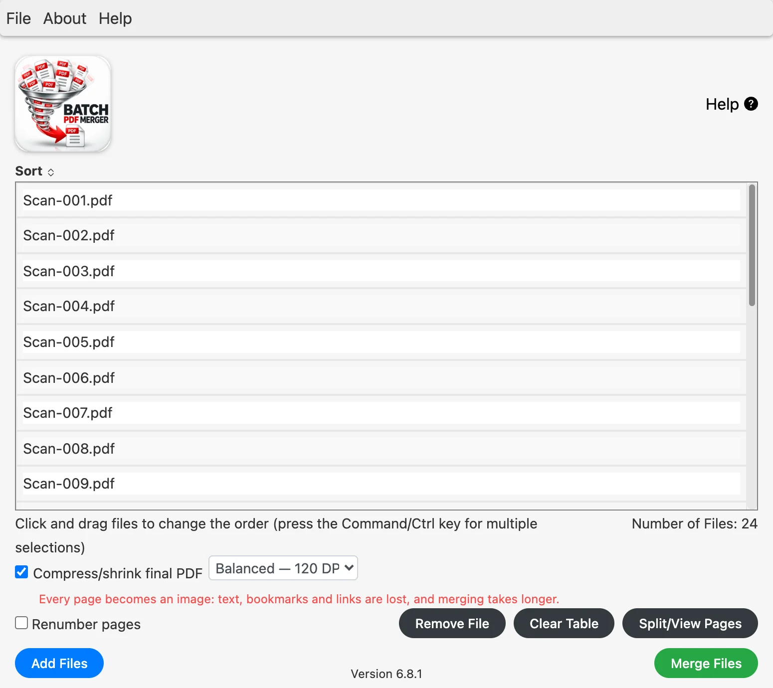 Batch PDF Merger with 24 scanned PDFs listed and Compress set to Balanced, 120 DPI