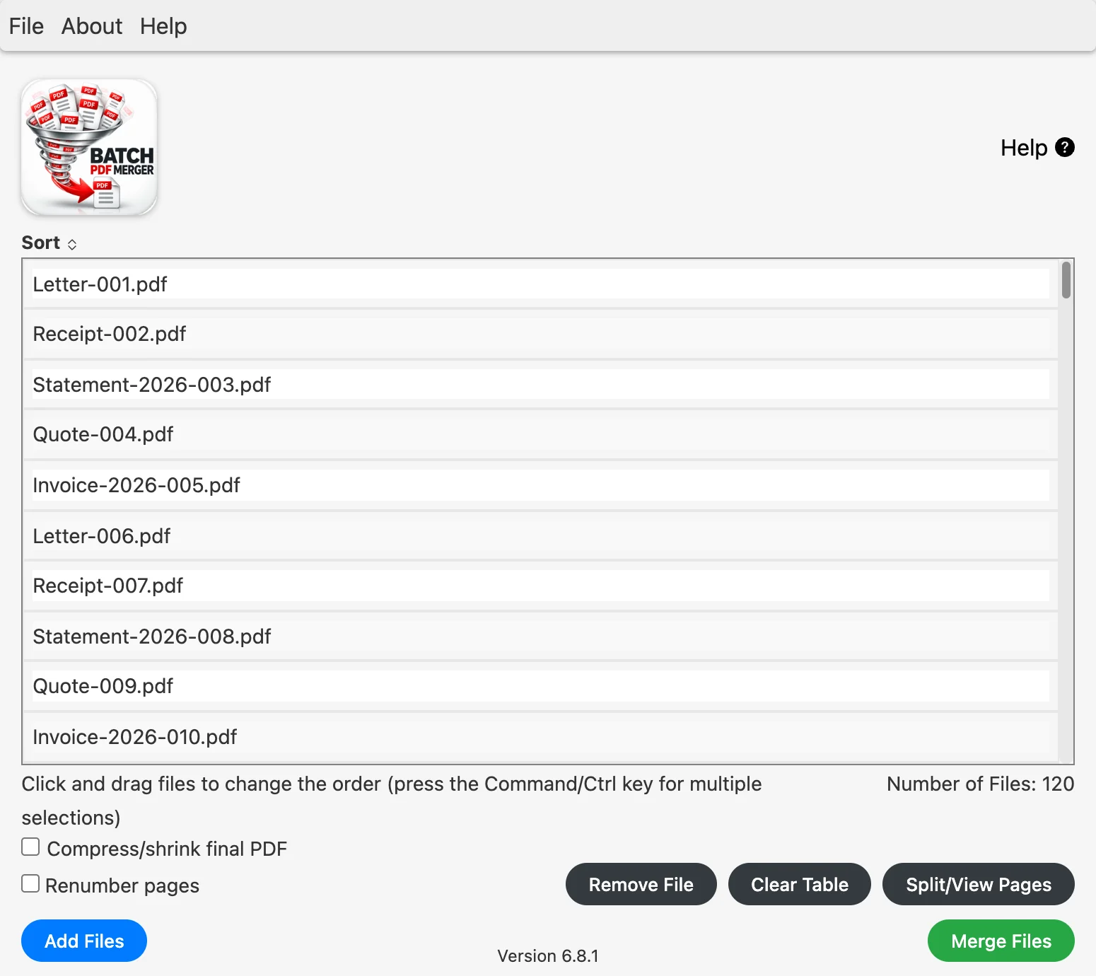 Batch PDF Merger with 120 PDF files listed, ready to merge
