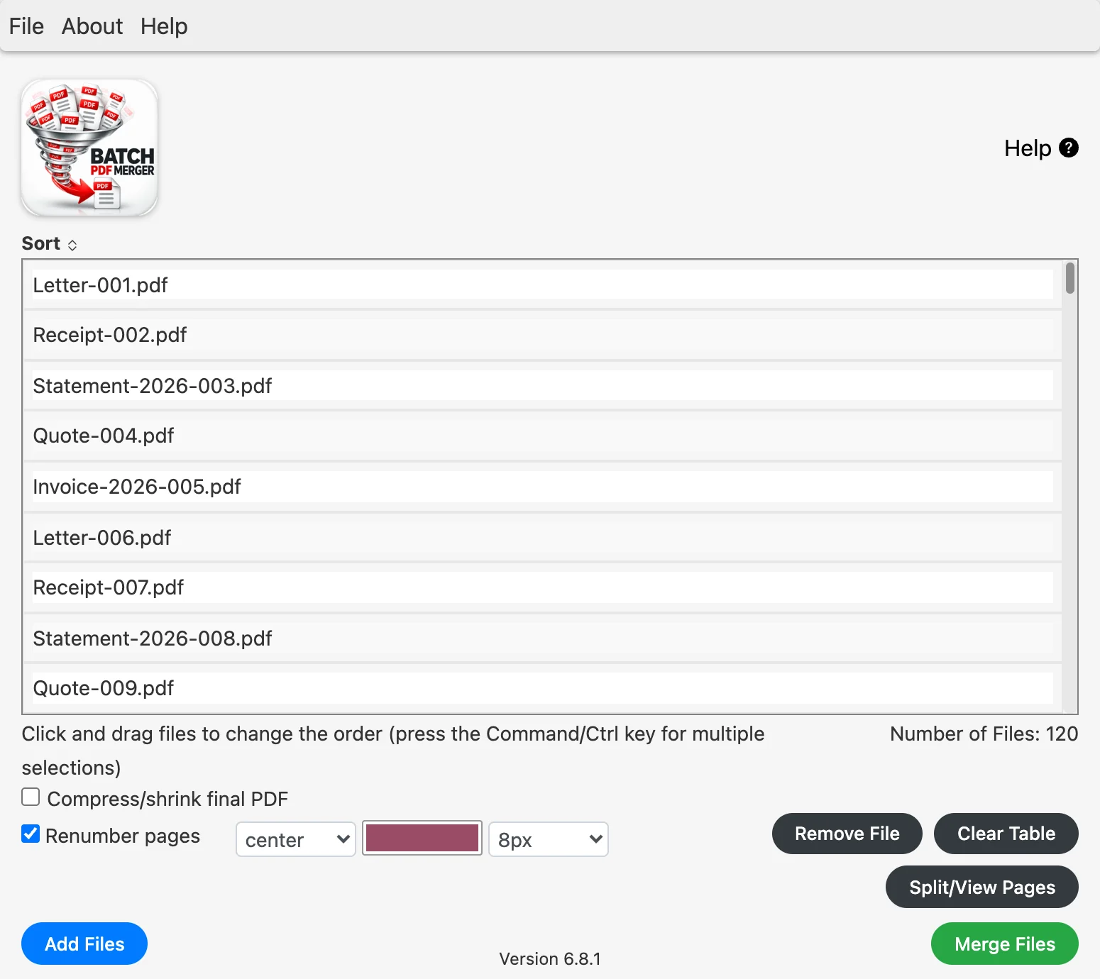 Batch PDF Merger with Renumber pages ticked: position, colour and size