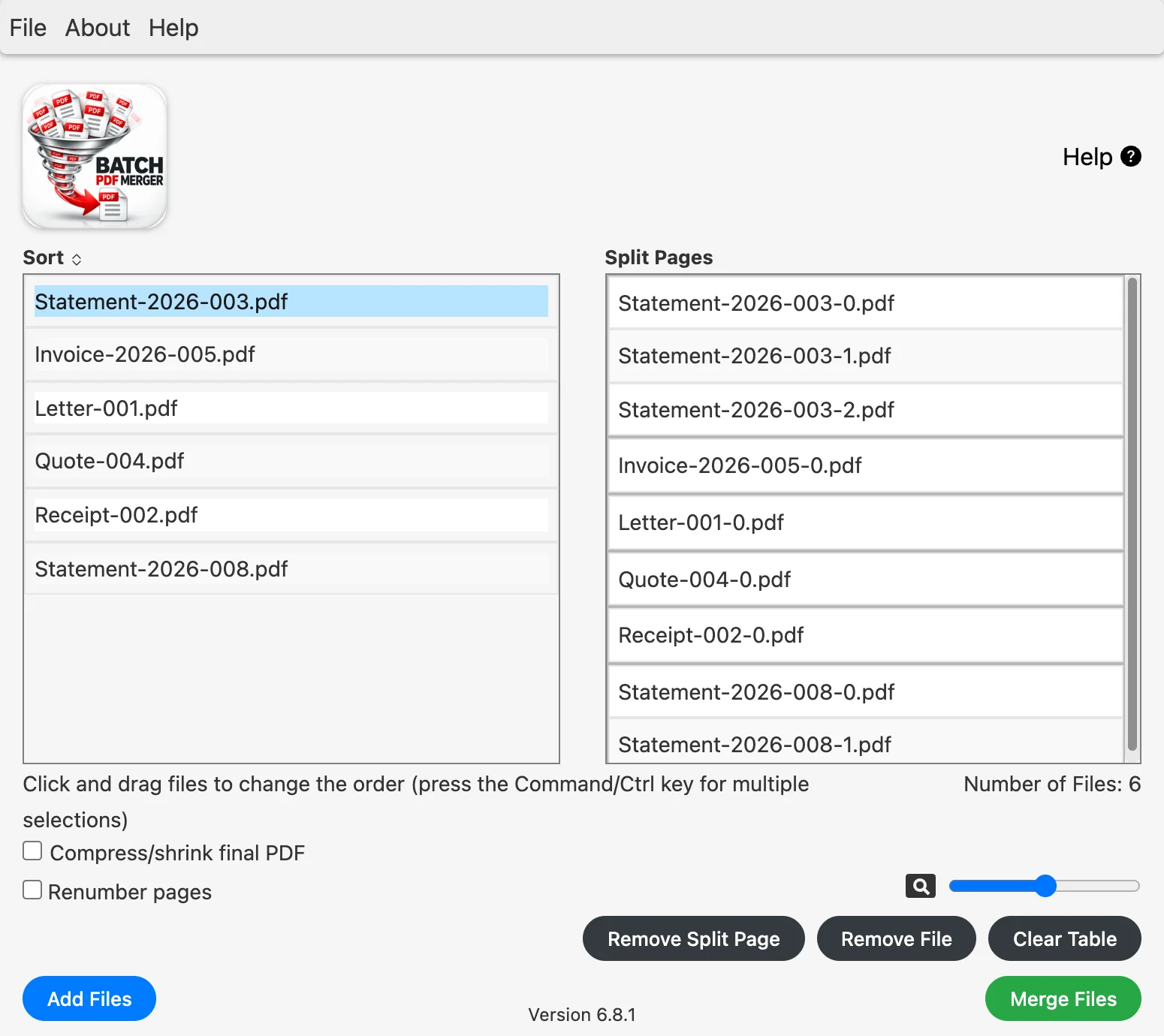 Batch PDF Merger with six files split into their pages in the Split Pages list