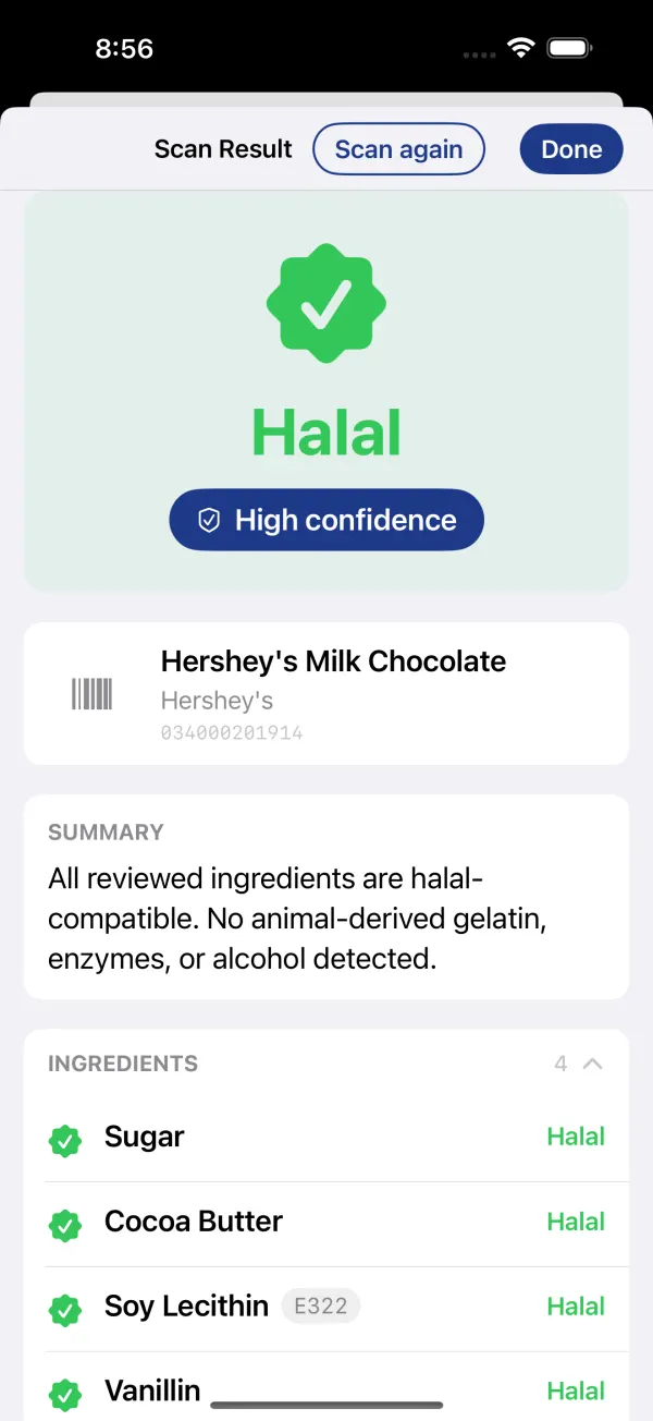 HalalReady verdict screen showing Halal result with ingredient breakdown