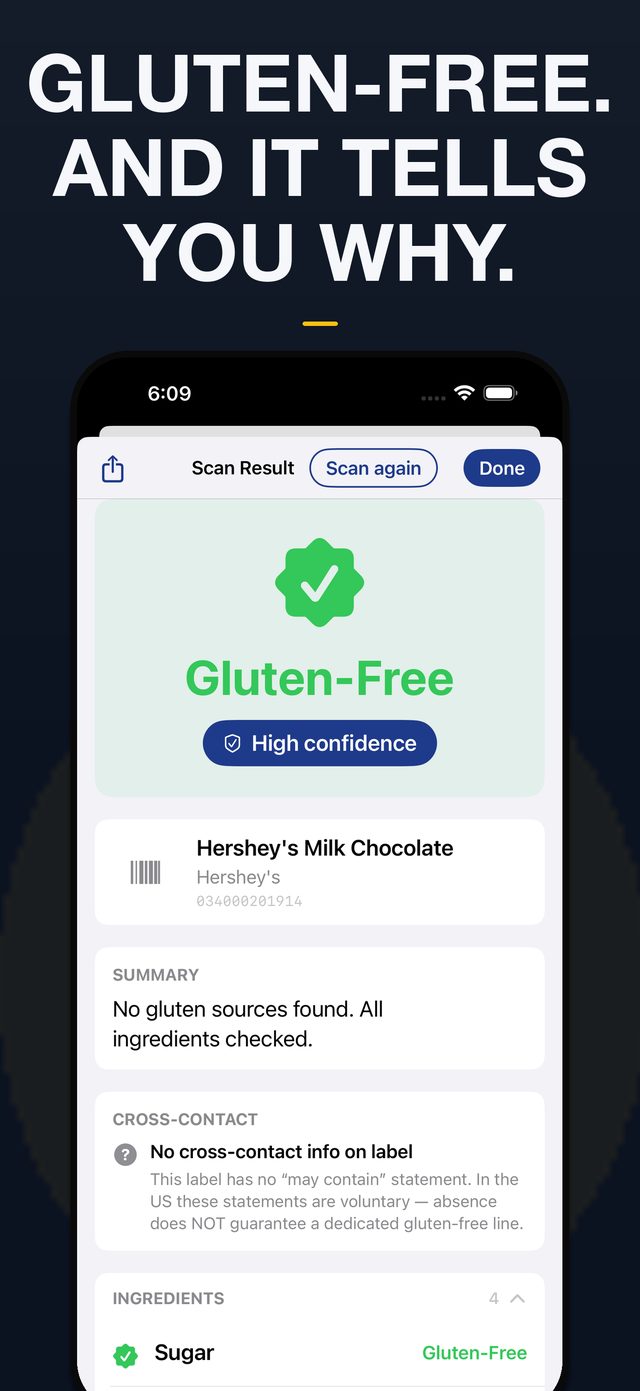 A gluten-free verdict with reasoning and a cross-contact section