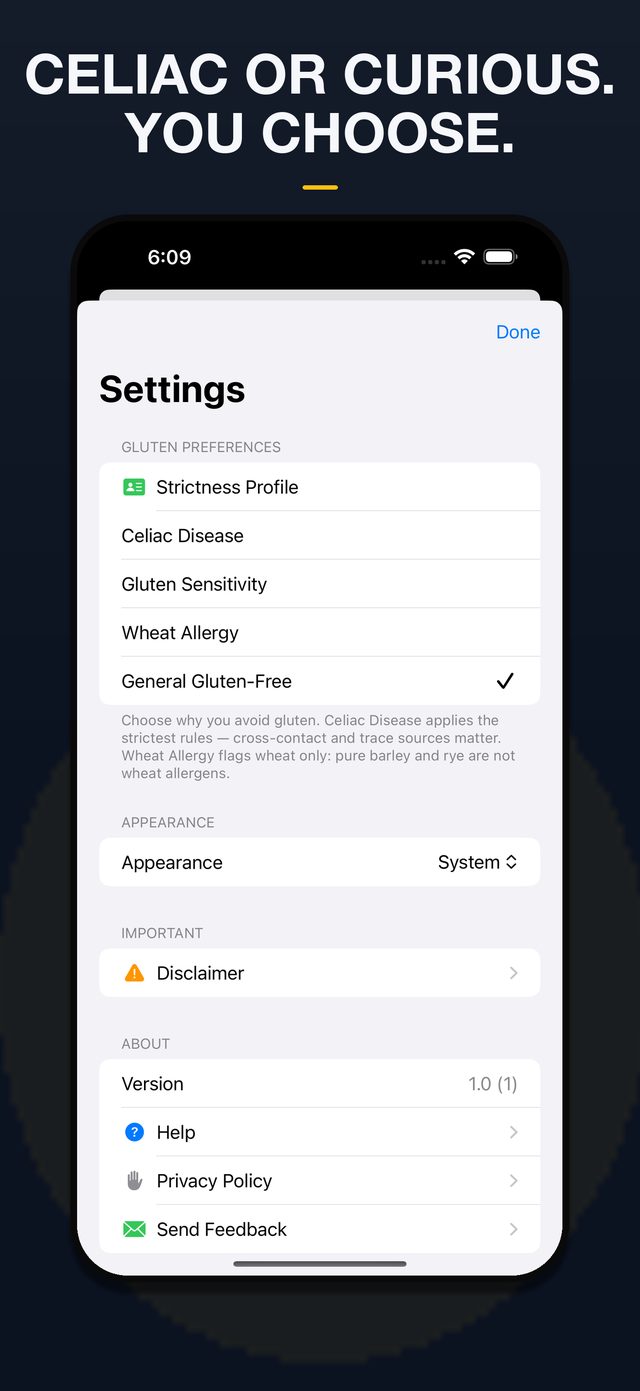 Strictness profile settings for celiac, sensitivity and wheat allergy