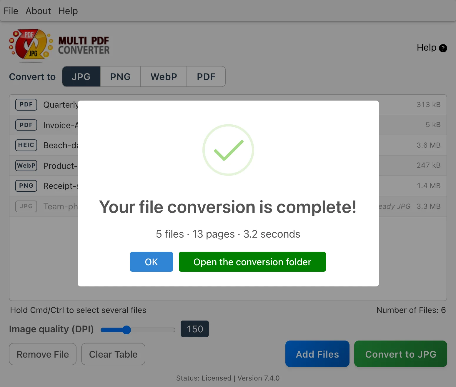 The dialog Multi PDF Converter shows when a conversion has finished