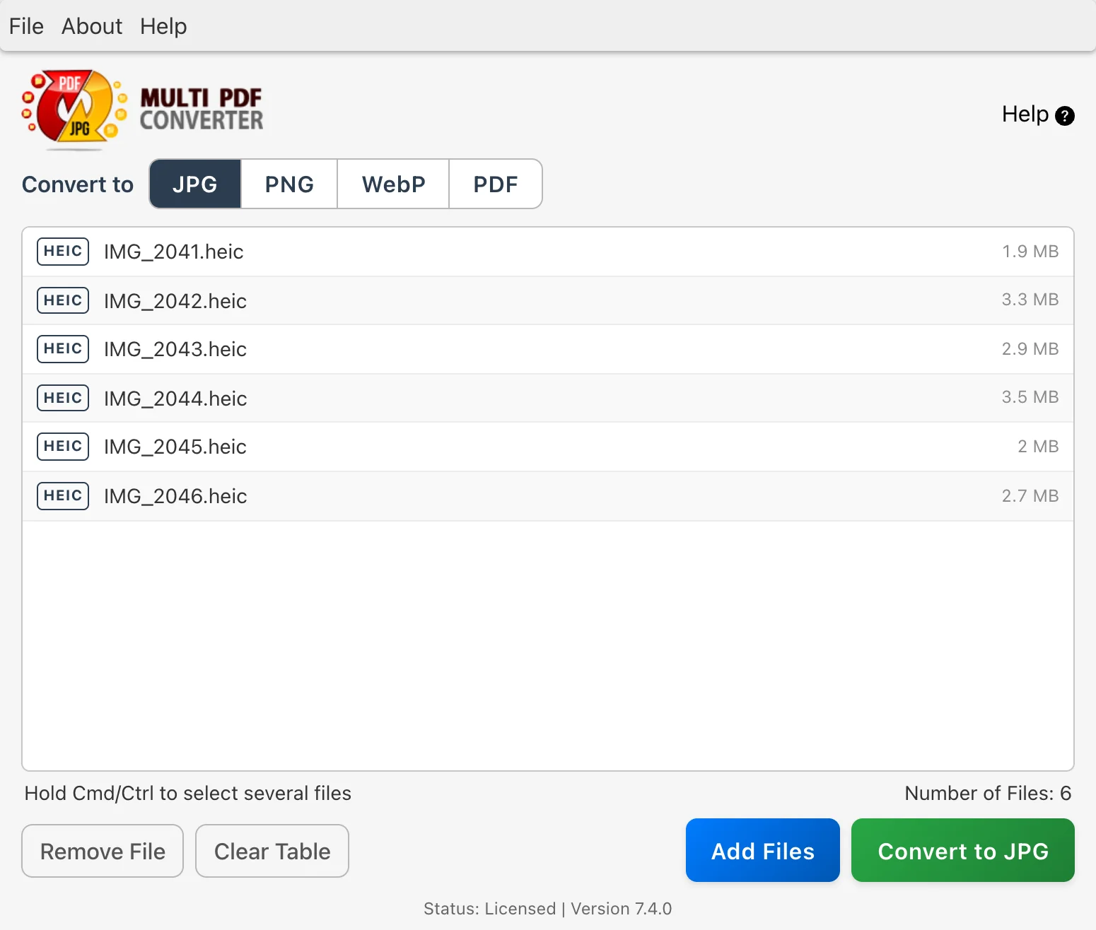 Multi PDF Converter with iPhone HEIC photos listed and JPG chosen as the output