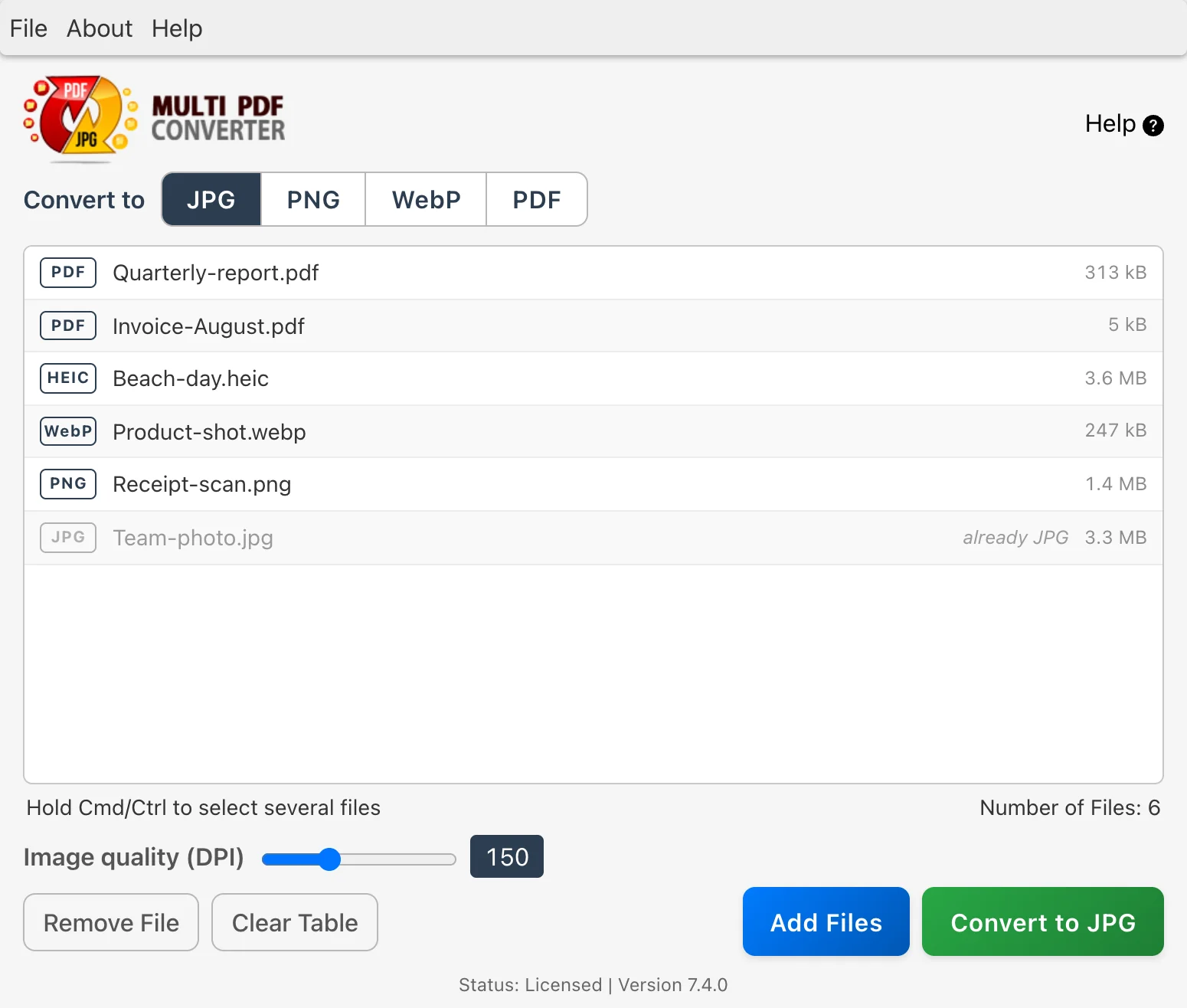 Multi PDF Converter with a mix of files listed and JPG chosen as the output
