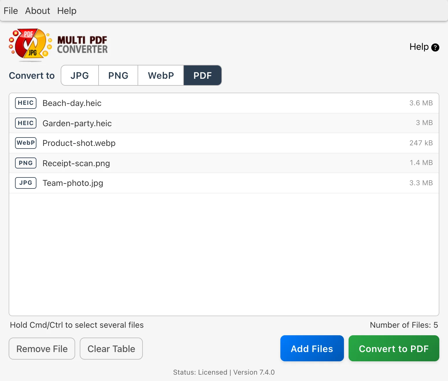 Multi PDF Converter with image files listed and PDF chosen as the output format