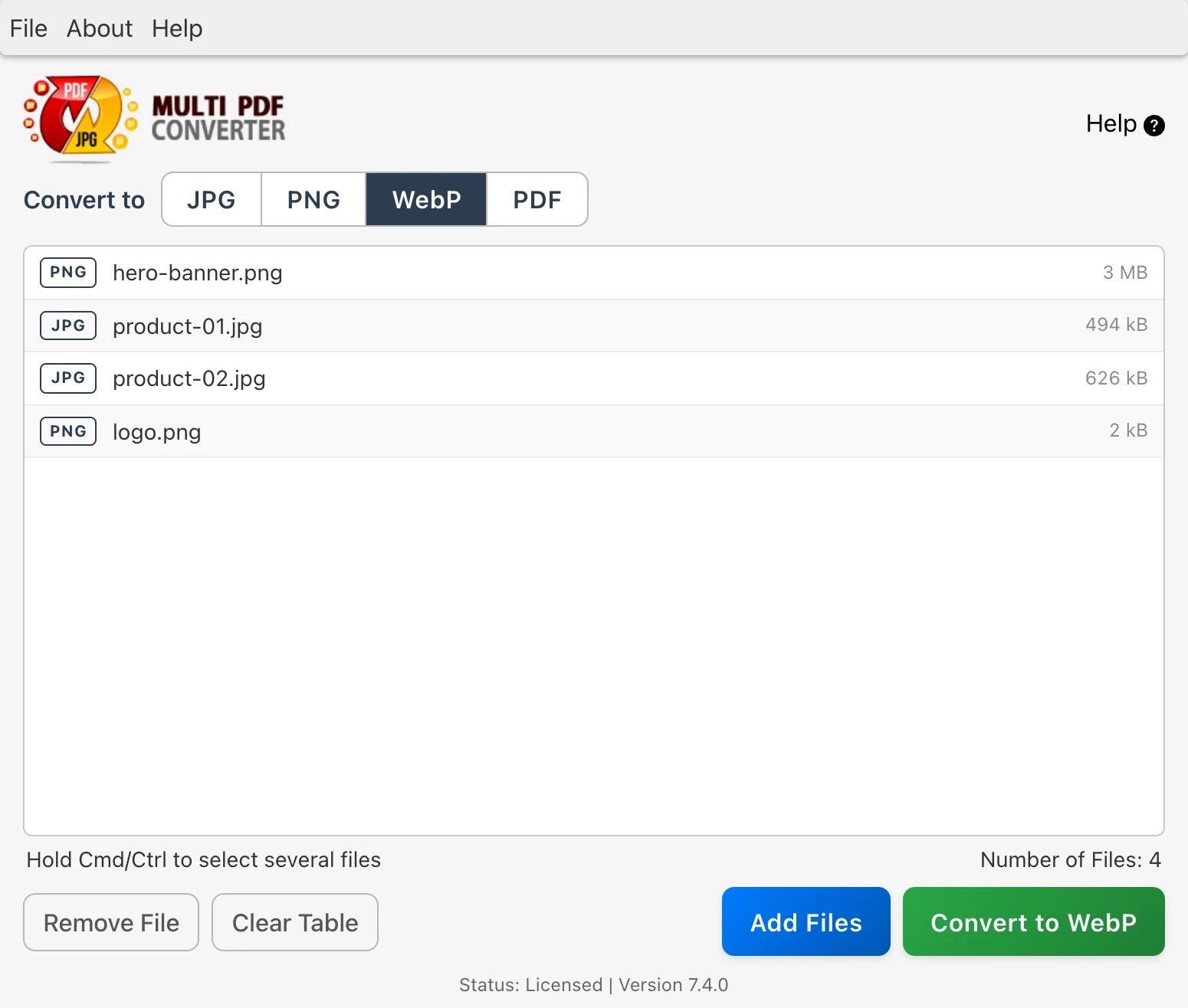 Multi PDF Converter with PNG and JPG images listed and WebP chosen as the output