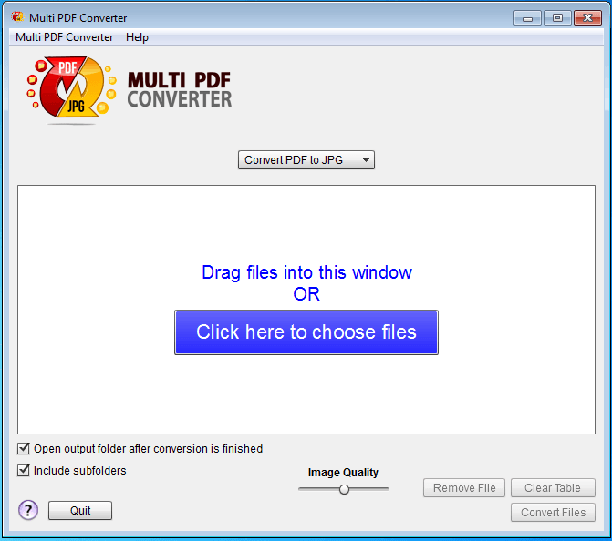 Multi PDF Converter on Windows showing the drag-files-into-this-window drop area and Click here to choose files button