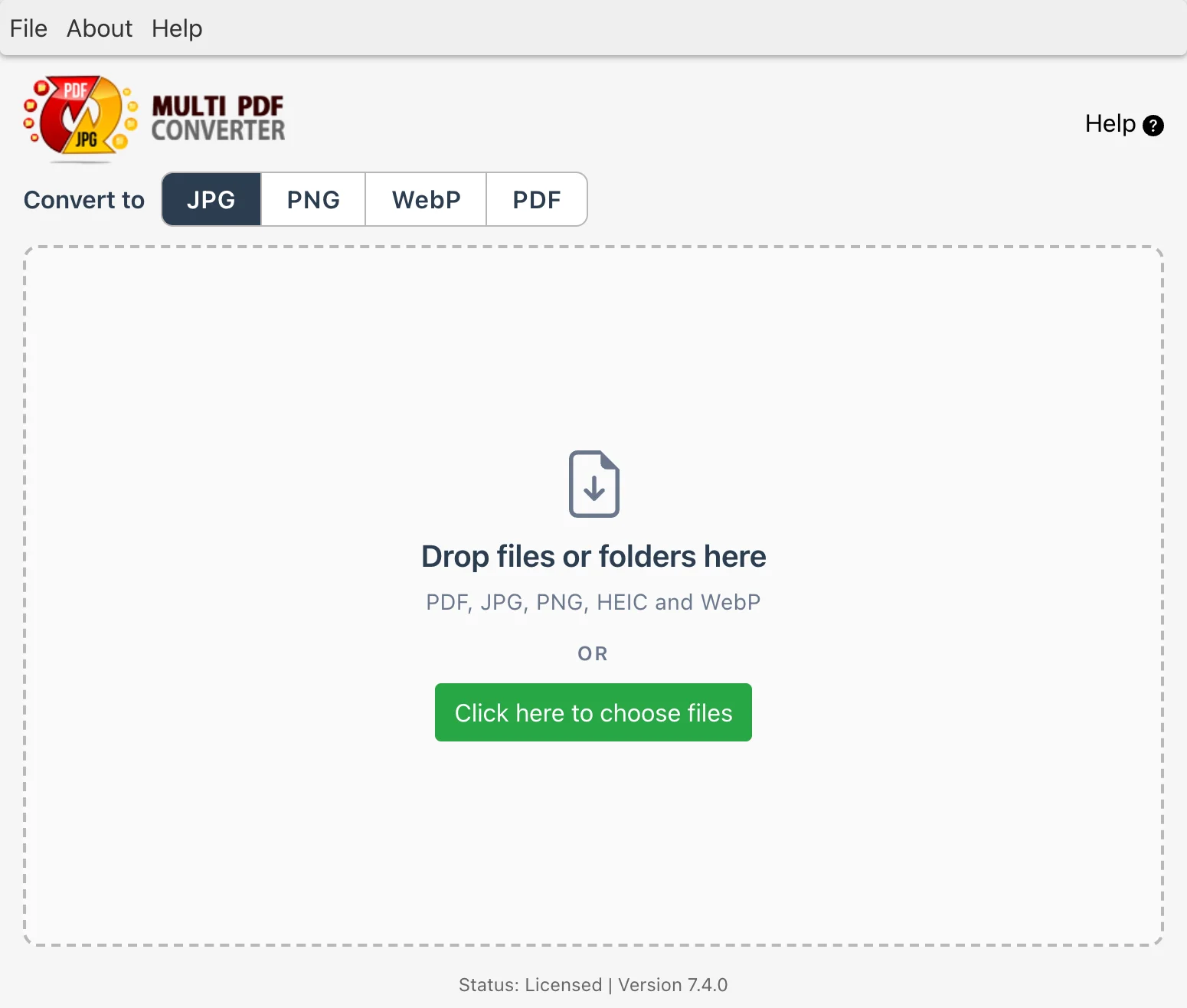 Multi PDF Converter's start page, with Convert to JPG, PNG, WebP or PDF at the top and a drop zone for files or folders