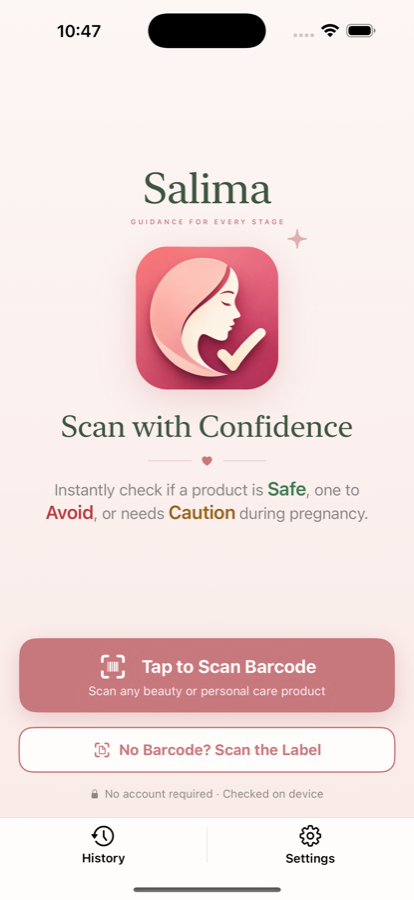 Salima home screen — scan any beauty or personal care product