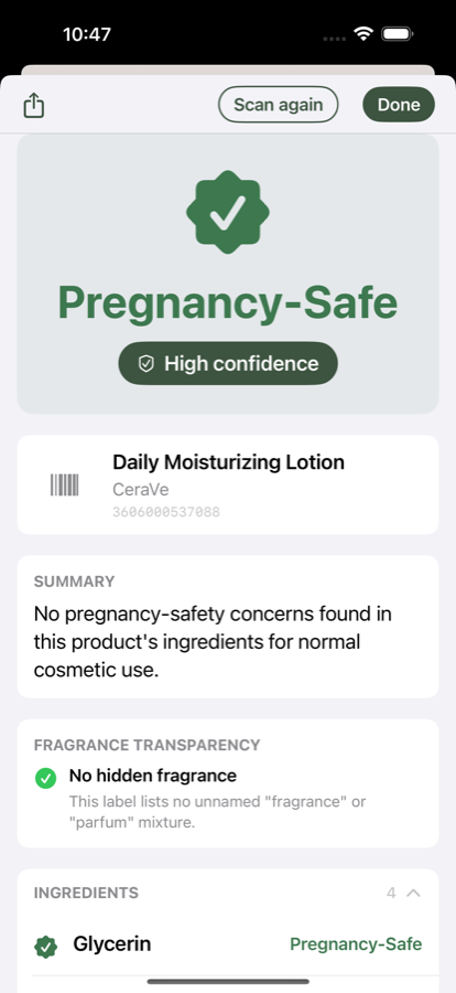 Salima verdict screen — Pregnancy-Safe with high confidence, explained ingredient by ingredient