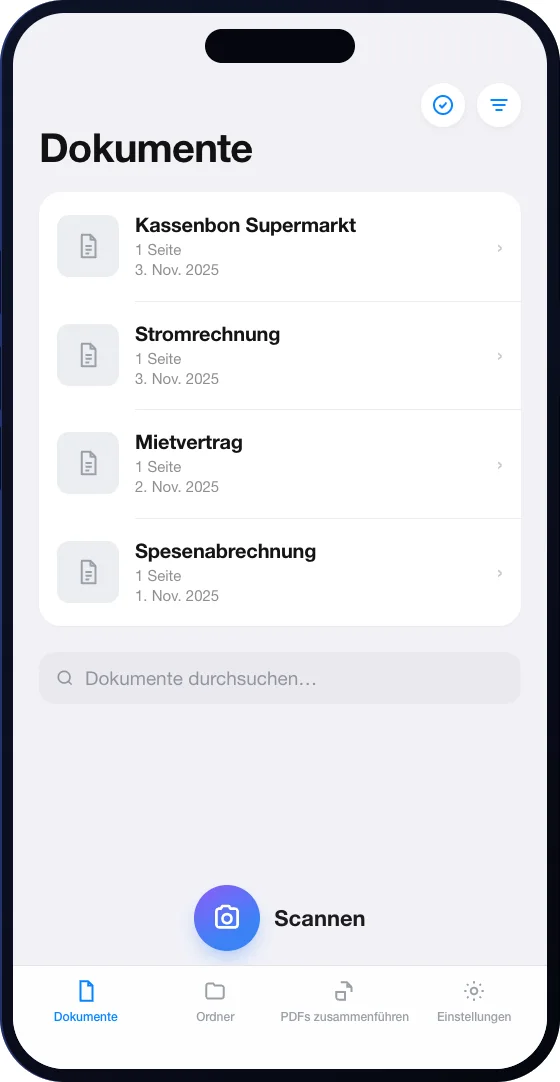 Dokumente-Ansicht von Scaniva auf dem iPhone — gescannte Belege und Verträge mit einer Scan-Schaltfläche
