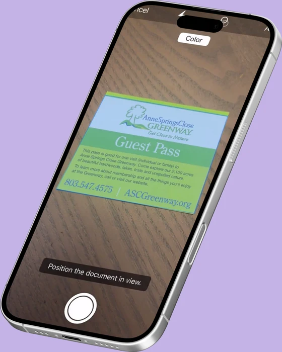 Scaniva camera view positioning a Guest Pass document for scanning, with edge-detection hint visible