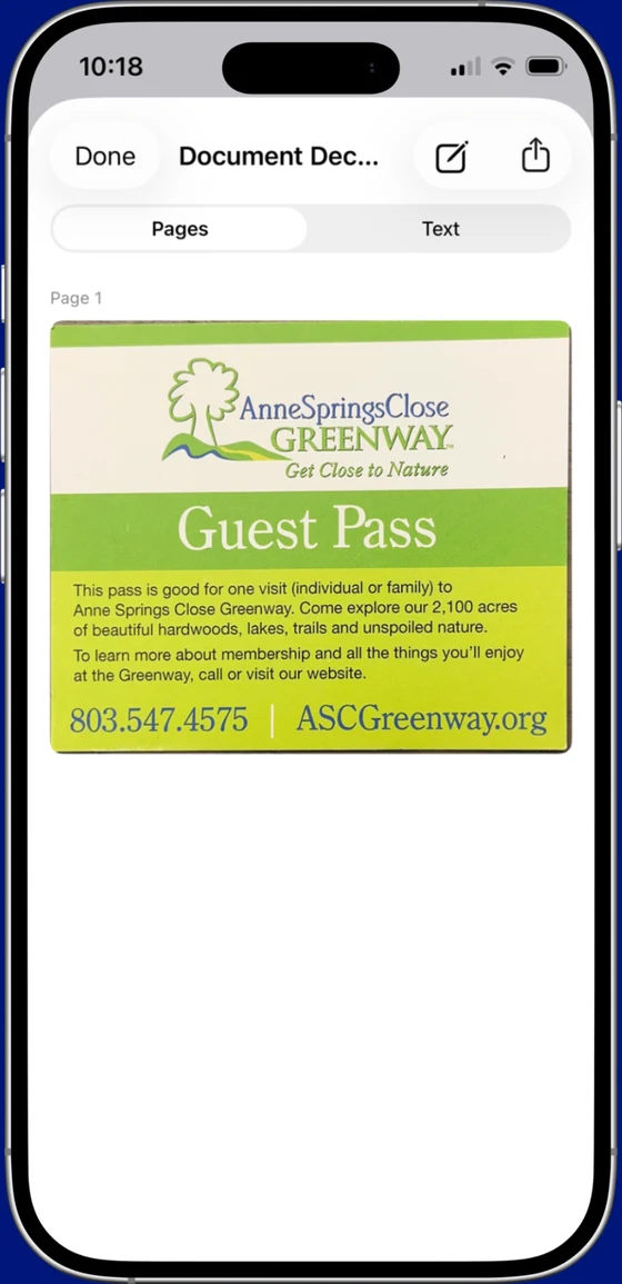 A scanned guest pass document opened in Scaniva, showing the cropped and enhanced PDF with Pages and Text tabs available