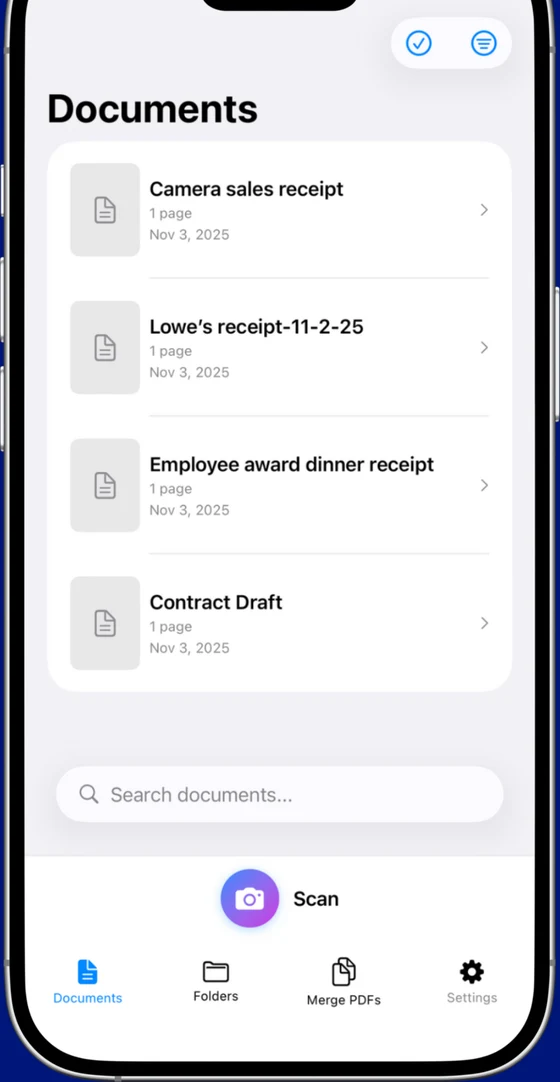 Scaniva Documents view on iPhone — scanned receipts, contracts, and Scan button