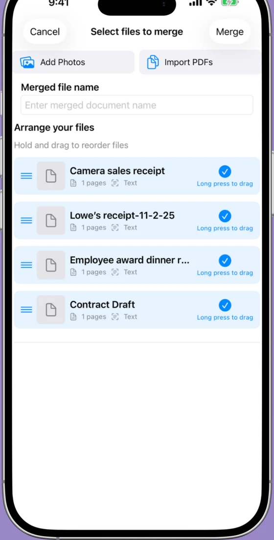 Scaniva PDF merge screen on iPhone, with a list of scanned documents ready to combine into a single file