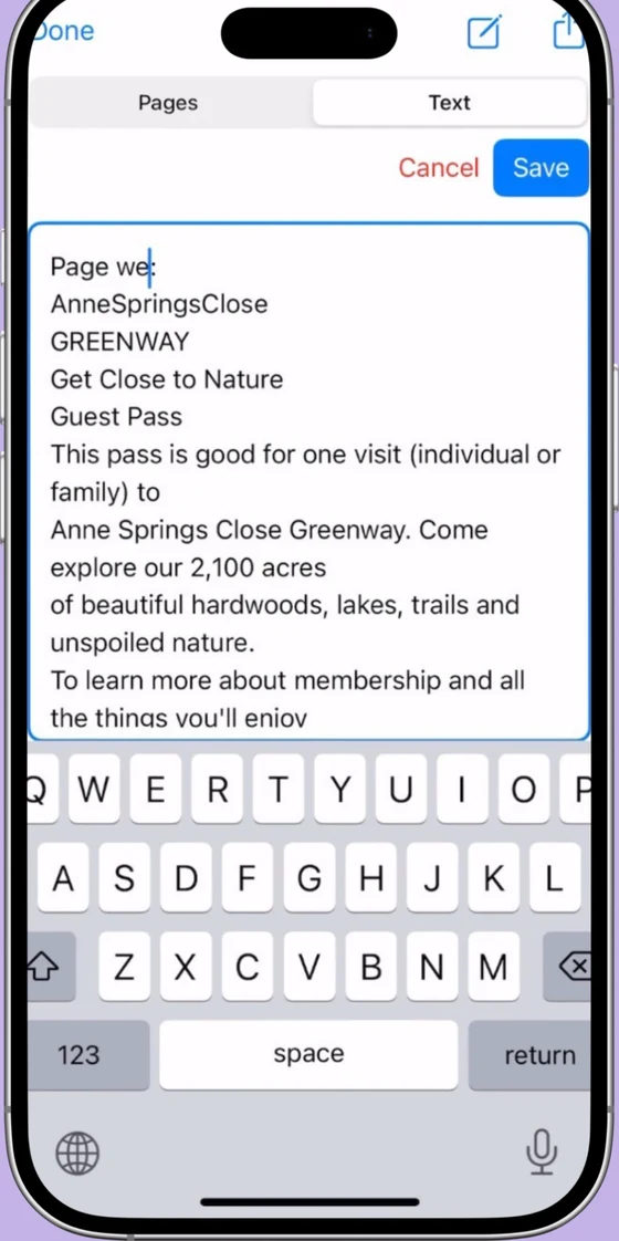 OCR extracted text view in Scaniva, showing recognized text from a scanned guest pass with the keyboard ready for editing