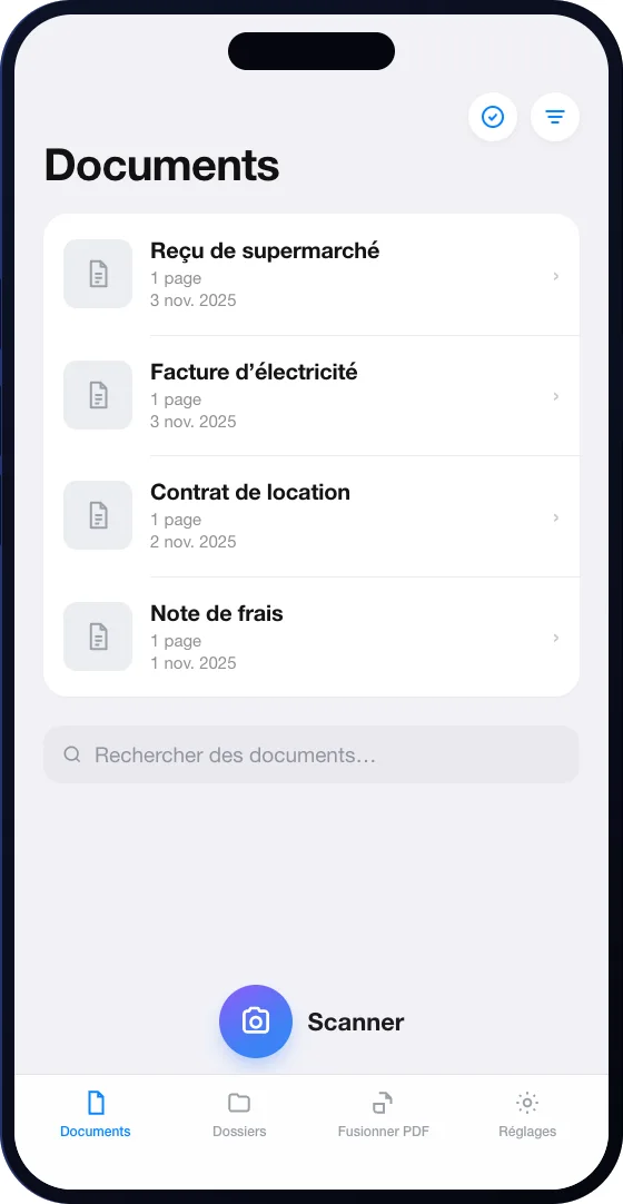 Vue Documents de Scaniva sur iPhone — reçus et contrats numérisés avec un bouton Scanner