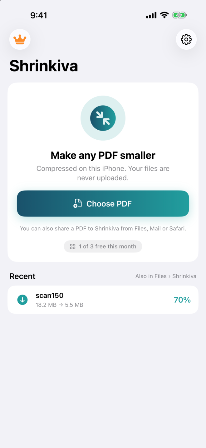 Shrinkiva home screen — Make any PDF smaller, Choose PDF