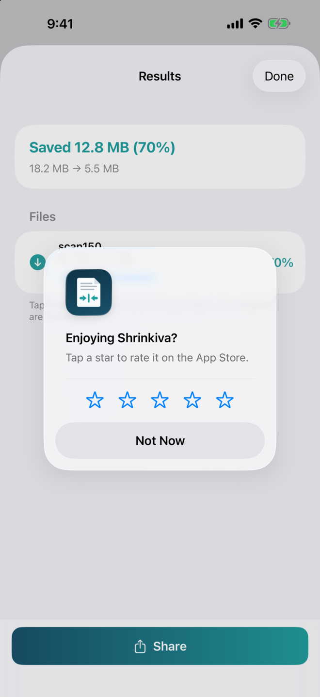 Shrinkiva result — Saved 12.8 MB (70%), 18.2 MB to 5.5 MB, 150 pages re-rendered