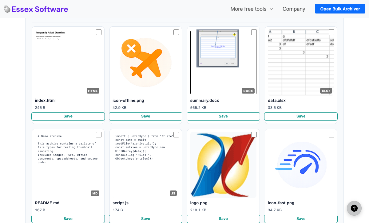 A 12-card grid of preview thumbnails: HTML rendered as a real page, DOCX showing its embedded Word thumbnail, XLSX showing actual cells with A/B/C column headers, README.md showing first lines of text, script.js showing source code, real image previews