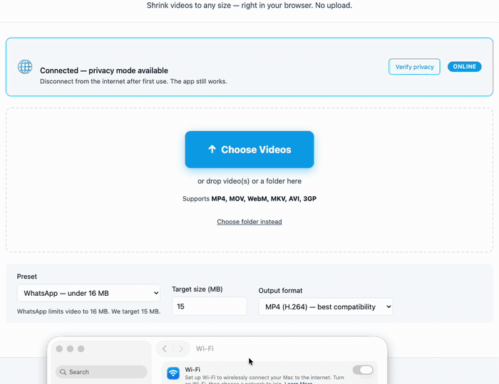 Demo: Wi-Fi is turned off mid-session — the offline-verified banner appears, then a video is compressed and saved locally without any network connection.